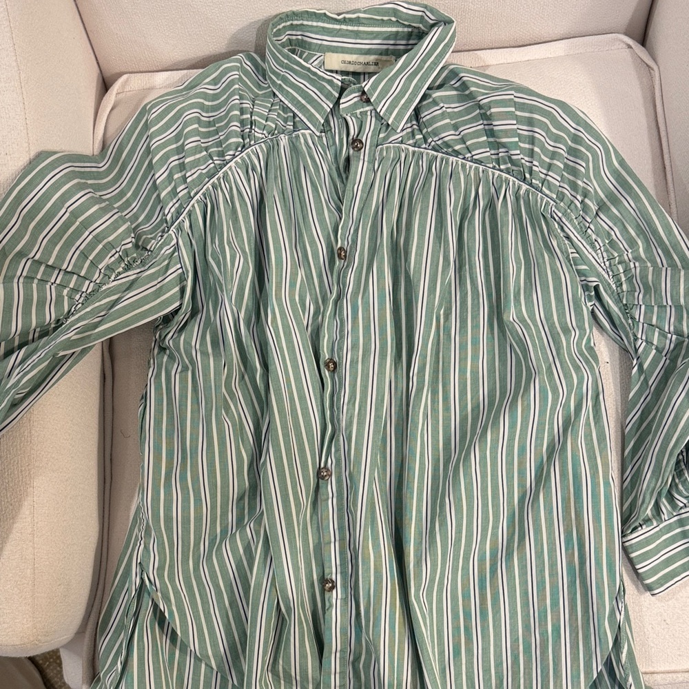 Cedric Charlier Green and White Striped Blouse